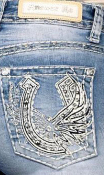 Answer Me | Light Blue White Rhinestone Pocket Jeans