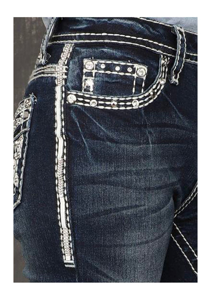 Answer Me A1068-PB | Dark Blue Rhinestone Pocket Bootcut Jeans