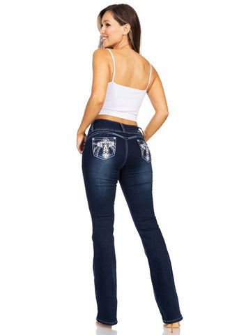 Silver Diva 3599 | Blue Rhinestone Pocket Boot Cut Jeans