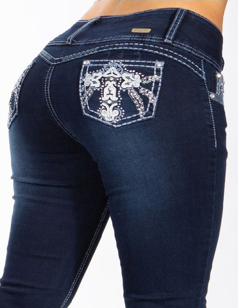 Silver Diva 3599 | Blue Rhinestone Pocket Boot Cut Jeans