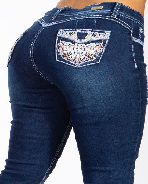 Silver Diva 3993 | Blue Rhinestone Pocket Jeans