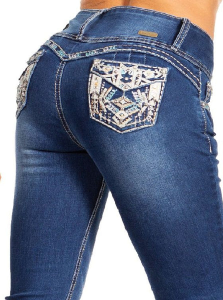 Silver Diva 5186 | Blue Rhinestone Pocket Jeans