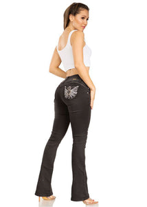 Silver Diva 5203 | Black Silver Rhinestone Pocket Boot Cut Jeans