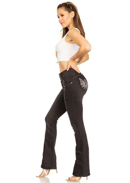 Silver Diva 5203 | Black Silver Rhinestone Pocket Boot Cut Jeans