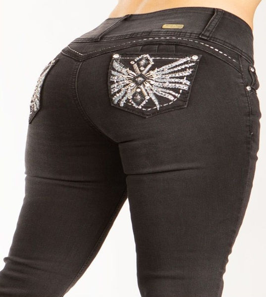 Silver Diva 5203 | Black Silver Rhinestone Pocket Boot Cut Jeans