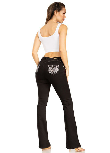 Silver Diva 5215 | Black Silver Rhinestone Pocket Boot Cut Jeans