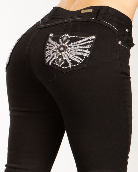 Silver Diva 5215 | Black Silver Rhinestone Pocket Boot Cut Jeans