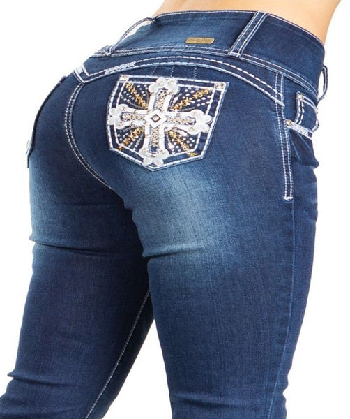 Silver Diva 5219 | Blue Rhinestone Pocket Boot Cut Jeans