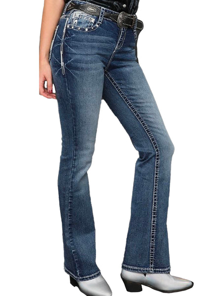 Answer Me A1059-PB | Blue Rhinestone Pocket Bootcut Jeans