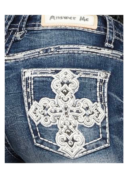 Answer Me A1059-PB | Blue Rhinestone Pocket Bootcut Jeans