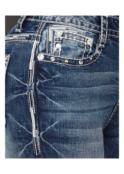 Answer Me A1059-PB | Blue Rhinestone Pocket Bootcut Jeans