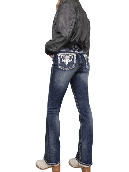 Answer Me | Dark Blue Rhinestone Pocket Bootcut Jeans