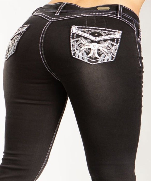 Silver Diva 5211 | Black Silver Rhinestone Pocket Boot Cut Jeans